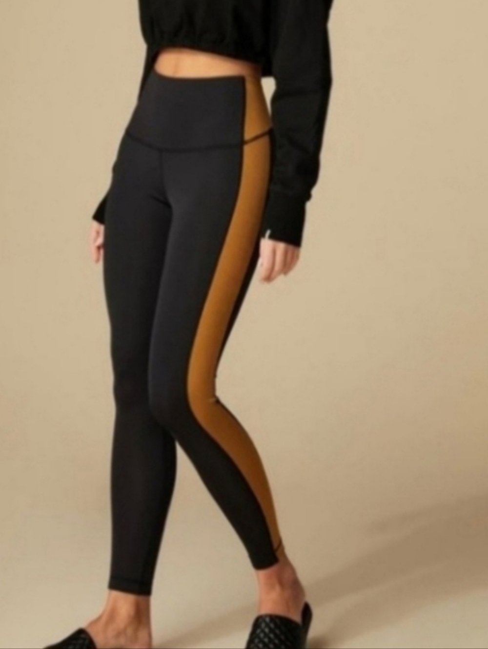 TAN + LINES High-Rise Black Leggings with Camel / Tan Side Panel